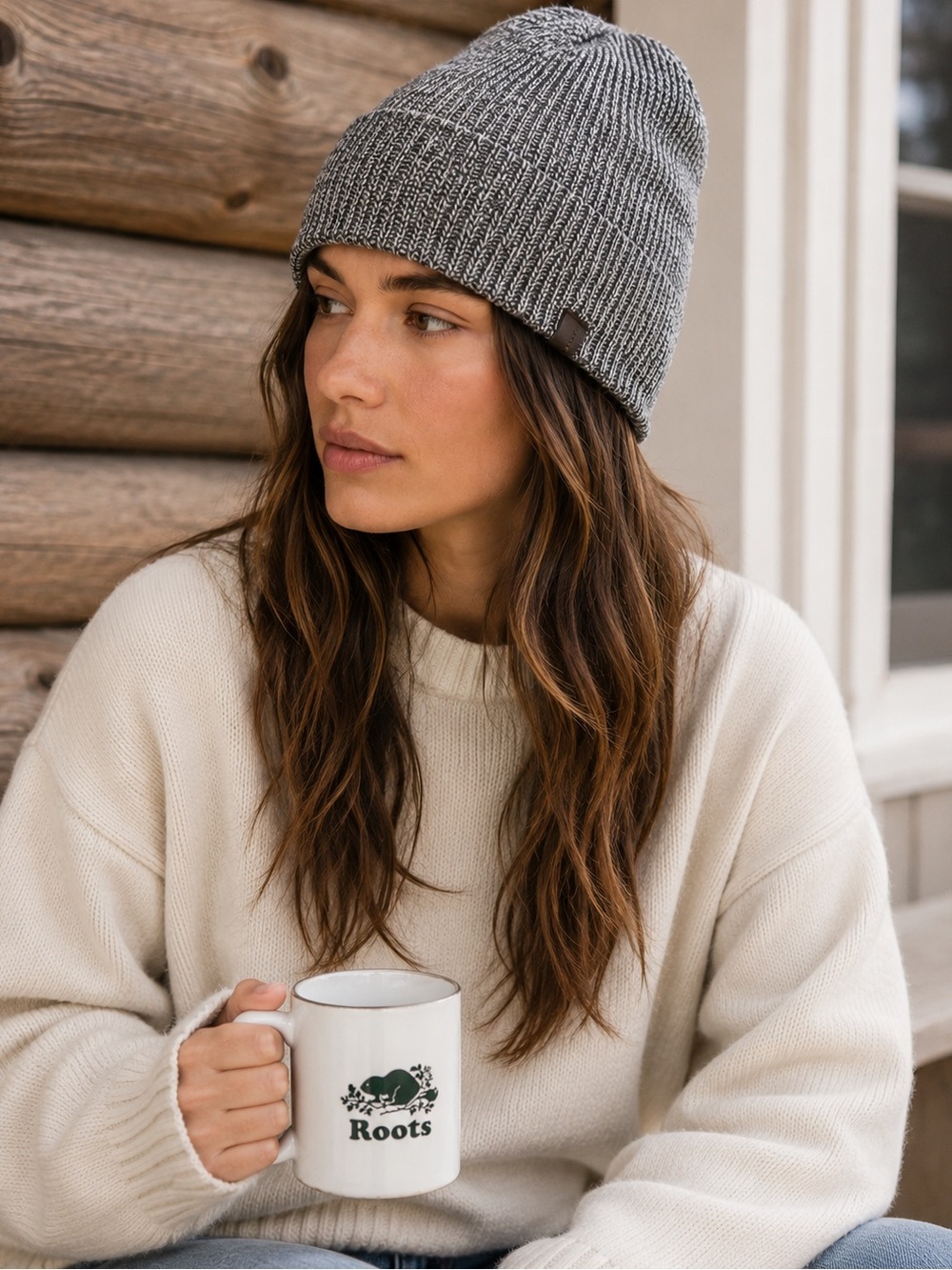 Roots Canada Grey Marled Knit Beanie OS Winter Hat Cozy Minimalist Toque